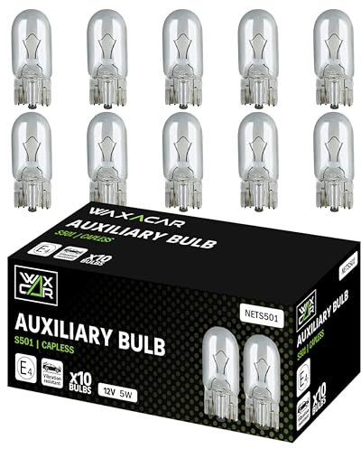 WAXACAR Vehicle Light Bulbs, Multi-Purpose for Tail, Brake, Fog, Indicator, Reverse Lights, 10 Pack, Universal Fit, Halogen, 21W, Compatible with Car, Van, Trailer, Truck, Bike (501 (10 Pack))