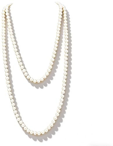 Josojoou Lange Perlenkette Damen Elegante Vintage-Perlenkette Im Lagenlook Weiß Pearl Necklace Für 1920s Gatsby Kette Kostüm Accessoires Modische Künstliche Perlen Halskette Herren Für Hochzeiten