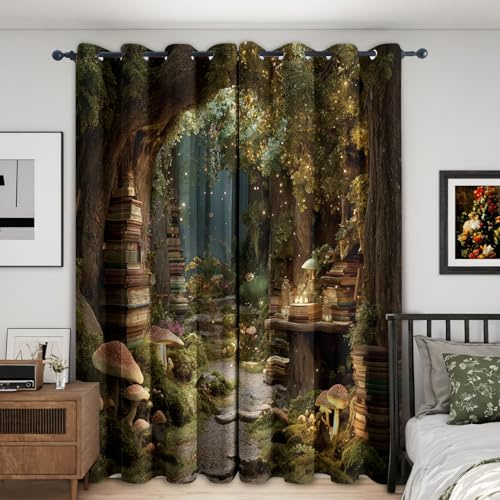 Generisch Zauberwald Gardinen Blickdicht 2er Set, Vorhänge Bücherregal Fantasy Motiv mit Ösen, Wohnzimmer Schlafzimmer Deko, Thermovorhang Verdunkelung, H 137 x B 117 - V333