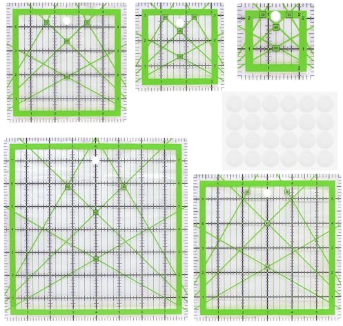 5 Stück Patchwork Lineal, Quilt nählineal mit Skala Winkelanzeige Schneider | Quilten Lineal mit 24 Anti Rutsch Aufkleber, Nählineal Set Nähen Schneiderlineal für Stofflineal Stoffhandwerk (Grün)