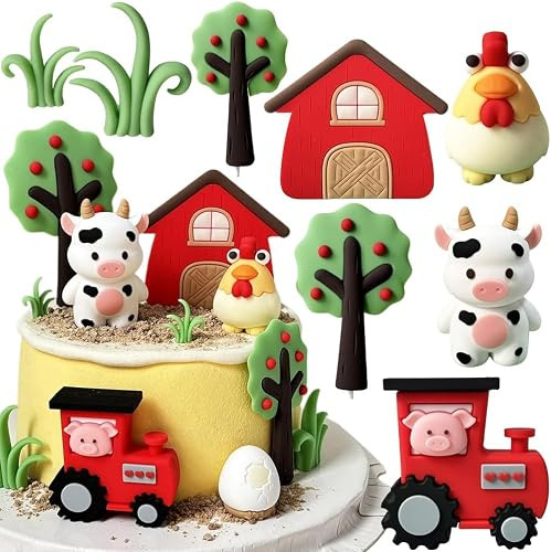 8 Pcs Farm Animal Cake Decoration, 3D Cow Cakes Decoration Tractor Hen Cupcake Topper for Birthday Party Decor Animal Happy Birthday Cake Toppers for Birthday Party Decorations