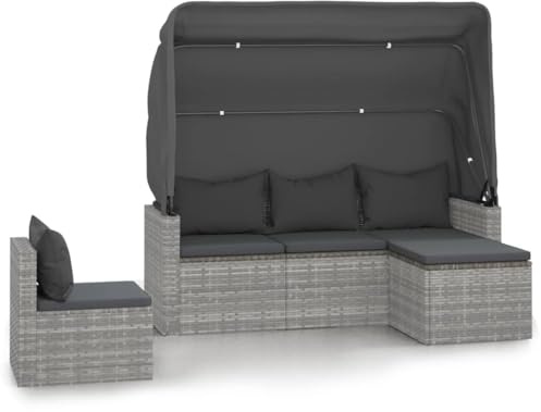GeenYuu 4-TLG. Garten-Sofagarnitur Grau aus Poly Rattan mit Kissen, pulverbeschichteter Stahlrahmen, wetterfestes Lounge-Set für Balkon Terrasse mit Fußhocker und Sitzpolstern