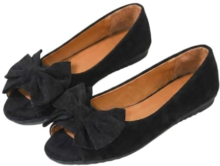 Ballerines plates en daim pour femmes avec nœud à bout ouvert, Noir , 36 EU | Chaussures orthopédiques compensées - Coupe large - Antidérapantes - Respirantes - Pour la marche, le bureau, les vacances