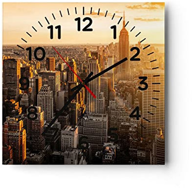Modern Wanduhr New York Wolkenkratzer Manhattan 30x30cm Quadrat Klein Wand Uhr Glas Analog Zimmeruhren Küche Büro Wohnzimmer Glasuhr Wall Clock Dekoration Design Küchenuhr C4AC30x30-2672