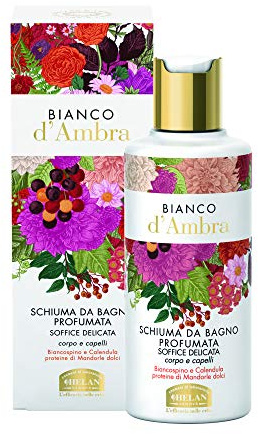 Helan, Bianco d'Ambra - Gel Douche et Shampoing sans Sulfate sans Silicone sans Paraben Parfumé avec Amande Douce - Bain Moussant et Shampooing Doux Naturel pour Cheveux et Corps, 200 ml Made in Italy