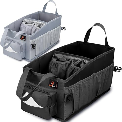 Kids Car Organizer Between Seats - Easy-to-Reach for Back Seat Travel Car Organizer with Tissue Box and Insulated Cup Holder | Backseat Car Storage for Toddlers Next to Car Seat Car Tote (Black)