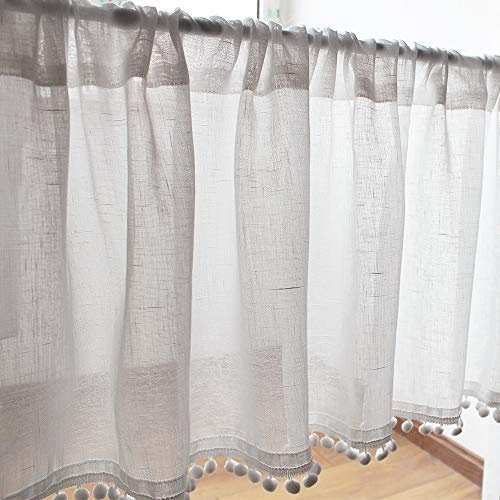 Voile Landhausstil Baumwolle Scheibengardine Vintage Leinen Vorhänge Retro Spitze Kurzstores Halbtransparente Kurzgardine mit Balls Romantische Weiße Bistrogardine 1 Stück 40×150 cm(H×B)