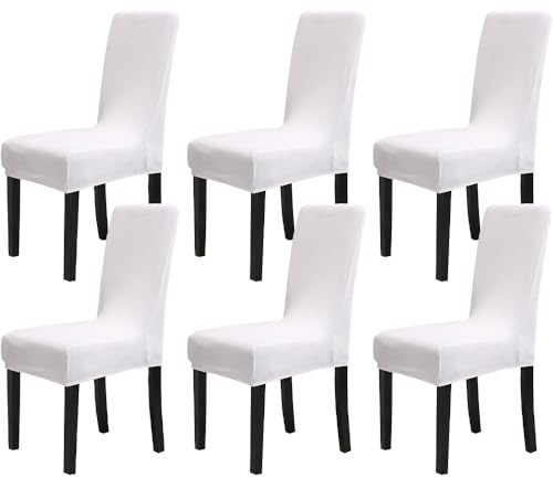 Chickwin Stuhlhussen 6er Set, Samt Dehnbarer Stuhlbezug, Waschbarer Hohen Zurück Stuhlhussen Slipcover Für Esszimmer, Hotel, Küche, Bankett, Partys,Abnehmbaren Stuhl Schutz -Weiß