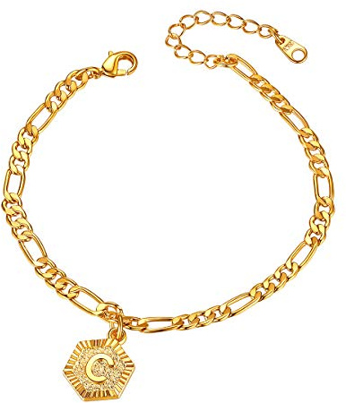 FOCALOOK Damen Fußkette 18k vergoldet Buchstabe C Armband 22cm verstellbare Figarokette Hexagon Initiale Anhänger Fußkette Modeschmuck Accessoire für Frauen Mädchen