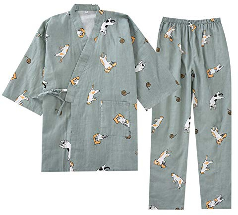 Owlonliine - Disfraz de pijama de kimono japonés para mujer, de algodón puro, L
