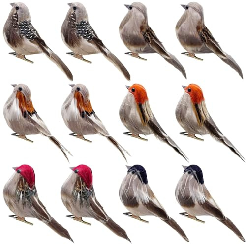 LWINGFLYER Small Artificial Birds Realistic 3.9'' Simulation Foam Feather Sparrow Bird Clip on Ornaments for Christmas Craft Garden Tree Home Decor Seasonal Display Decoration (12 Pcs)