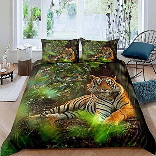 Homewish Tiger Trösterbezug Wildtier und Zweige Blatt Natürlicher Wilder Tiger Druck Bettbezug, 135X200 für Kinder Jungen Teens, Dekoratives 2 teiliges Bettwäsche Set mit 1 Kissenbezug