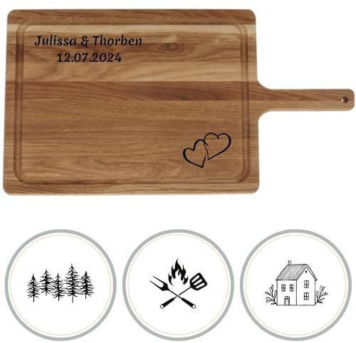 HOFMEISTER® Schneidebrett Eiche mit Griff und Gravur – personalisiert mit Name und Motiv, Servierbrett 42,5 x 22,5 cm, Handarbeit (1 Stück)