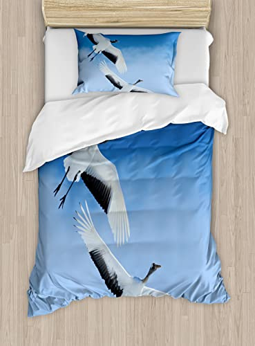Ambesonne Bird Duvet Cover Sets, 2 Red Crowned Crane with Open Wings Flying in Clear Sky Japanese Animal Duo, Bedding Set with 2 Duvet Covers & 4 Pillowcases, 2 Pack Queen Size, Blue White Black