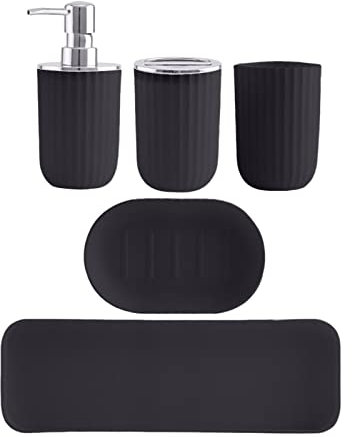 F Fityle Juego de Accesorios de baño Modernos de plástico de 5 Piezas, con Botella dispensadora de jabón, Soporte para Cepillo de Dientes, Vaso, jabonera y, Negro