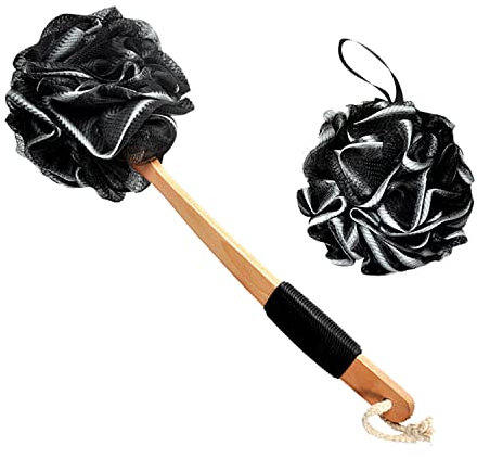 Friendjia 2 Stück Peeling-Badekugel-Badeschwamm, Luffa-Puffs, extra große Dusch-Puffs, Schwarz (1 Stück–60g + 1 Stück–Badekugel mit langem Griff)