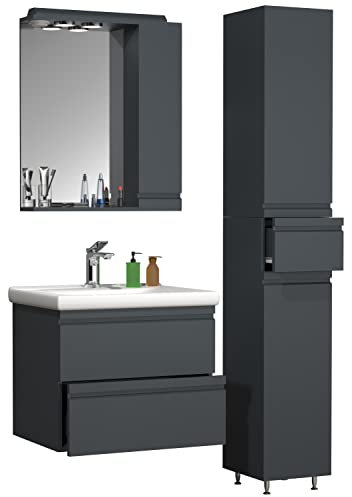 VCM 4-TLG. Waschplatz Waschtisch 60 cm Badmöbel Set Waschbecken grifflose Schublade Spiegelschrank Hochschrank Silora L