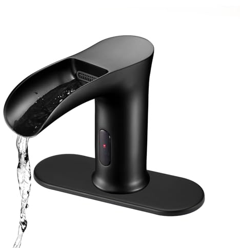 CDLODIN Automatic Sensor Touchless Waterfall Bathroom Sink Faucet, Modern Electronic Sensor Lavatory Faucet, Matte Black Hands Free Vanity Faucets with Control Box and Temperature Mixer