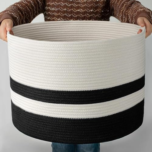 COSYLAND Großer Korb aus Baumwollseil, Korb für Decken, Wäschekorb Kinderzimmer, Wäschekorb Baby für Kinderzimmer, Boo Basket, Aufbewahrungskorb Groß, Spielzeugkorb, 56x56x35.5cm (Schwarz)