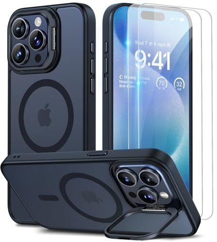 Beeasy für iPhone 15 Pro Hülle für MagSafe mit Ständer, Handyhülle mit 2 Stück Schutzfolie für iPhone 15 Pro Case Magnetische Stoßfest Schutzhülle Cover, Durchscheinend Matt Schwarz