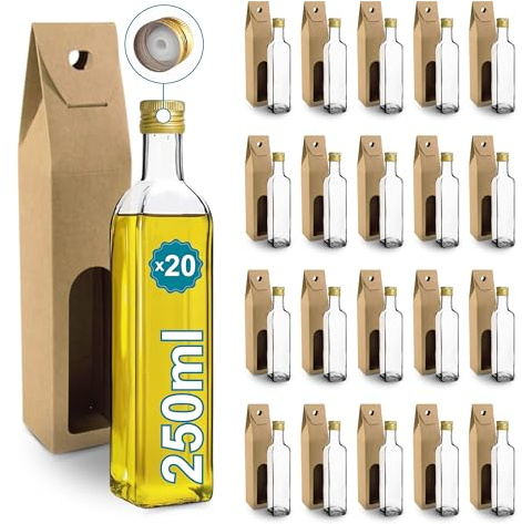 Set 20 Bottiglie di Vetro 250 ml con Tappo Dorato e Beccuccio + 20 Scatole – Oliera Regalo per Olio, Aceto e Salse | Espirito Rebelde