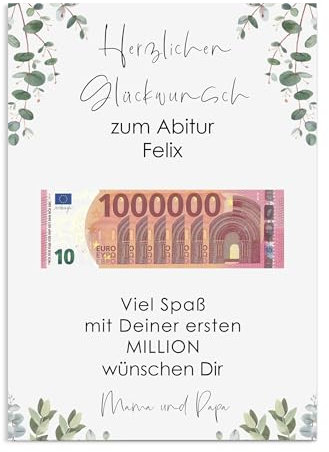 Nastami Poster ERSTE MILLION Geldgeschenk personalisierbar Geschenk zur Hochzeit, zum Abitur, zur Jugendweihe (Abitur schlicht, DIN A4)