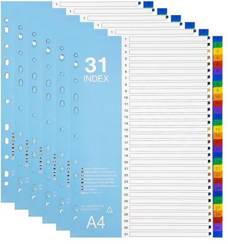 LELADY Divisores de Archivos A4, (6 Unidade) Separadores de Archivos, Separadores de 31 Partes, Número 1-31, Divisores con 11 Agujeros, Divisores de Sujeto A4, File Dividers