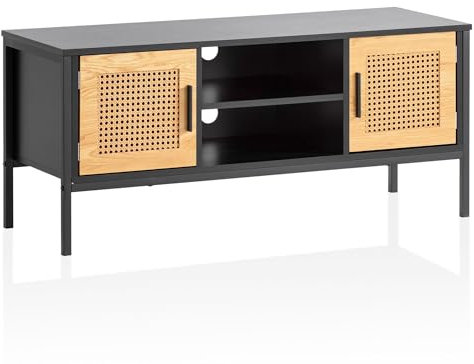 Wohnling Lowboard Schwarz/Eiche mit Wiener Geflecht 110x48x40 cm TV-Kommode Zeitlos, Design TV-Schrank Hoch, Fernsehtisch Fernsehschrank mit Türen, Fernsehkommode Wohnzimmer Rattan