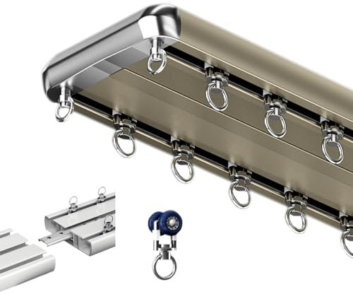 Raumteiler Vorhangschiene 2 Läufig Gardinenschiene Aus Aluminium 100-500cm Verdunkelungs Vorhangstange Mit Zubehör Für Küche Schlafzimmer Fenster(Farbe:Champagne Gold,Size:480cm)