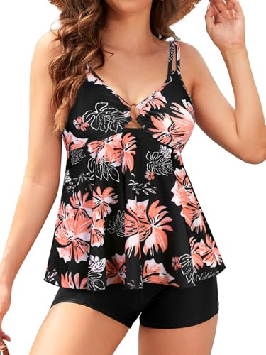 SHEKINI Push up Damen Tankini Set Bauchweg Elegant Tankini Oberteil mit High Waist Badeshorts Zweiteiler Badeanzug Beachwear Bademode（XL,Schwarz Y）
