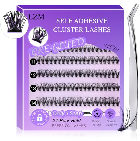 LZM Selbstklebende Wimpern Kit - Vorgeklebte Wimpernbüschel Flauschiges D Curl Einzelwimpern Kein Kleber Kein Entferner benötigt DIY Wimpernverlängerung Kit (30D, 9-14mm mixed)