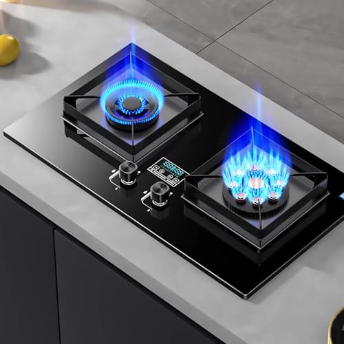 THEGA Fornello A Gas Tavolo E Incasso, Sinistra 5.0KW Destra 5.2KW Fornello a Gas Doppio in Vetro temperato, tempistica Intelligente su Entrambi i Lati Fornello a Gas, Facile da Pulire(LPG)