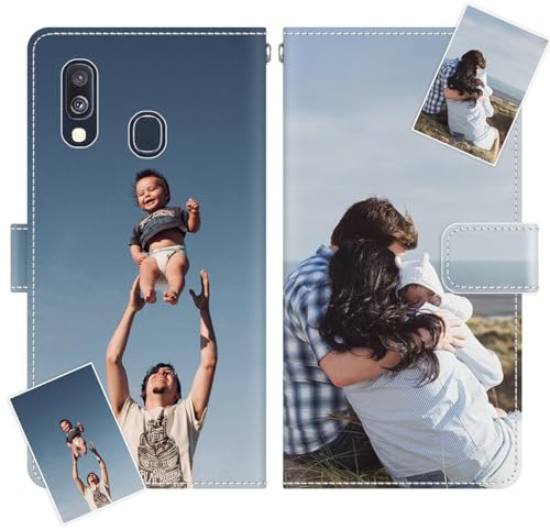 JGOYGYI Personalisierte Leder Handyhülle kompatibel mit Samsung Galaxy A40,Individuelle Eigenem Foto Bild Text Bildern Foldable Flip Klapphüllen Case hülle+Handykette