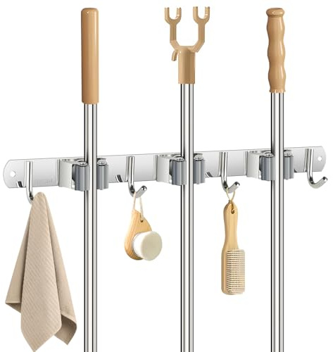 Sampoes Besenhalterung Wand, Besenhalter Edelstahl mit 3 Halter und 4 Haken, Gartengerätehalter Wandhalterung Besen Aufhängung, Besen Mop Halter für Badezimmer, Küche, Garage, Garten, Silber