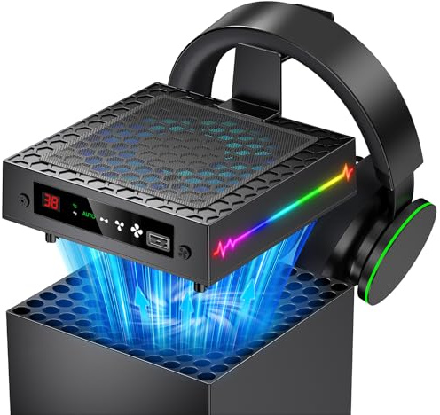 LED-display automatisk kylfläkt för Xbox Series X med 9 RGB-ljuslägen, kylsystem justerbart efter temperatur med 4 växlar för Xbox-seriens X-konsol, kylare och ljusströmbrytare, headsetkrok, USB-port