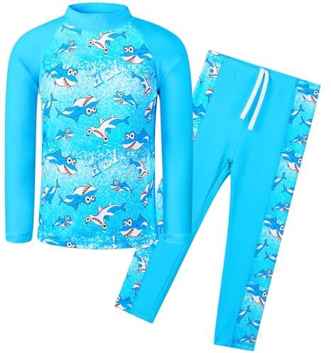 HUAANIUE Boys 3-12Y Two Piece Long Sleeve Swimsuit UPF 50+ Sun Protection(Long BlueShark,140/146)