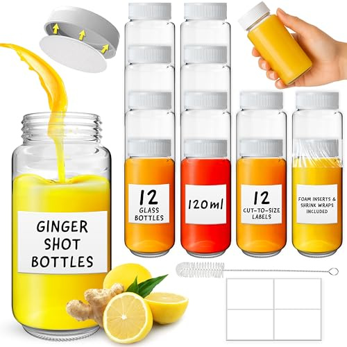volila Shot Bottles with Lids - 12 Pack 4oz/120ml Reusable Glass Shot Bottles with 12 Round Labels and Pen - Portable and Leakproof