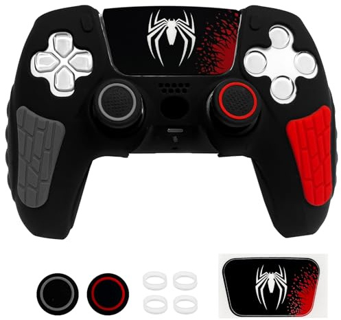HLRAO Funda antideslizante negra para mando de PS5, funda protectora de silicona suave y gruesa compatible con controlador PS5/Slim/Pro con 2 tapas de agarre para el pulgar, protectores de joystick
