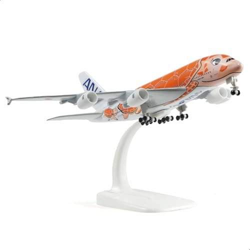 QIYUMOKE 1/300 ANA A380 orange sköldpadda stil design metall formgjuten flygplansmodell för Airbus A380 modell flygplan (7 tum) med displaystativ för flygplansgåvor eller legering flygplanssamling