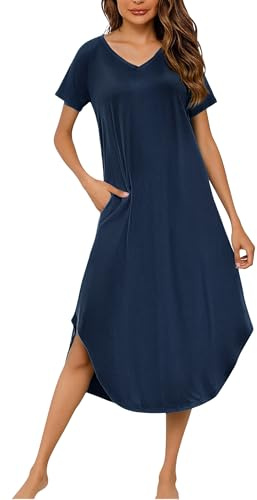 Marvmys Women’s Long Nightdresses Soft Cotton Nightshirt Short Sleeve V Neck Plus Size Casual Sleep Dress Nightgown Sleepwear