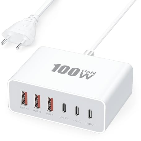 USB C Ladegerät, 100W 6-Port Stecker USBC Netzteil Schnellladegerät USB C Adapter mit 3 PD und 3 QC Mehrfach Ladegerät USB Ladestecker Charger für iPhone 16 15 14 13 12 11 Pro Max, iPad, Samsung
