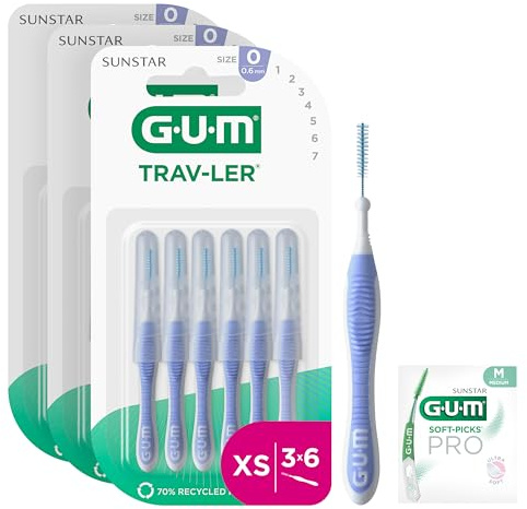 GUM TRAV-LER cepillos interdentales | mango flexible | higiene eficaz entre los dientes y eliminación de la placa | 0.6mm, ISO 0 | Tamaño XS | Paquete de 3x6 (con una muestra de regalo)