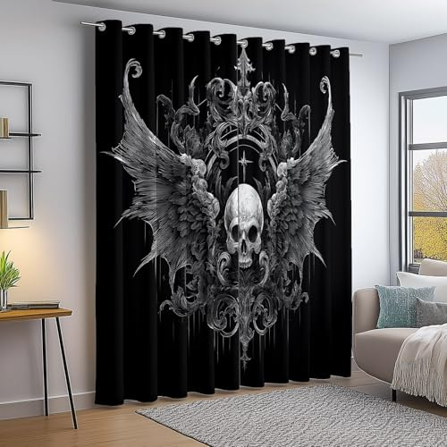 Schwarz Grau Blickdicht Gardinen mit Ösen, Dunkler Stil Totenkopf Dunkle Flügel Bedruckt - H140×B55 cm 2er Set, Thermovorhang Kälteschutz Schallschutz Vorhang für Wohnzimmer Schlafzimmer
