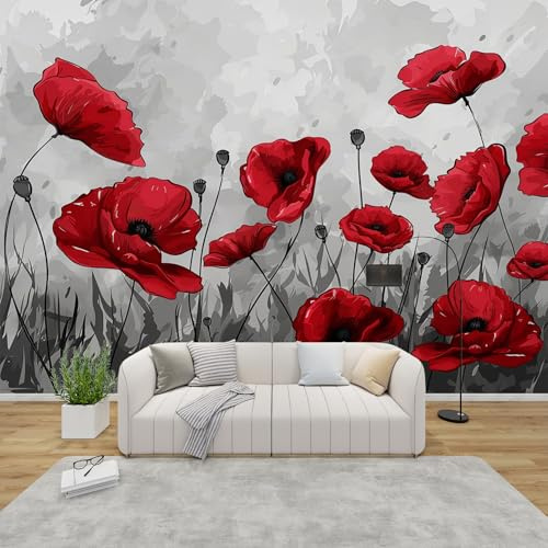 MMYAOKEN Papier Peint Panoramique Coquelicot 150x105 cm - Décoration Murale Fleurs Rouge - Tapisserie Murales Papier Peint Intissé pour Chambre Salon - Poster Tableaux Photo Muraux