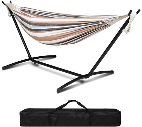 Bonnlo Hängematte Outdoor,Hängematte Gestell mit ca.204 kg Tragfähigkeit,Inklusive Tragetasche,Perfekt für Indoor-Außenterrasse & Terrasse & Hof und Balkon,Höhenverstellbar (Kaffee-Strichmuster)
