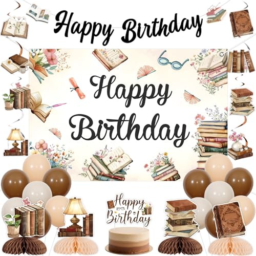 JOYMEMO Vintage Brown Book Birthday Decorations Set - Storybook Happy Birthday Party Balloon, Banner, Cake Topper, Honeycomb Centerpieces, Hanging Swirls and Backdrop, Reading Club Party Supplies