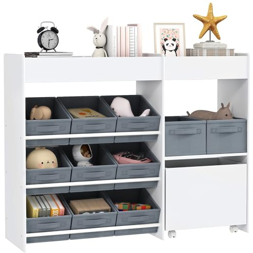 AIYAPLAY Étagère de Rangement Enfant pour Jouets et Livres, avec 11 bacs de rangements en Tissu Non tissé et Un Cabinet sur roulettes, pour Chambre, Salon, Salle de Jeu, 105x30x80cm, Blanc