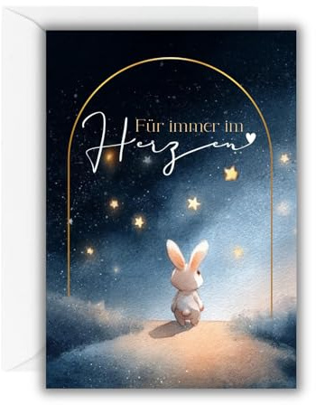 WBdesignz Sternenkind-Karte „Für immer im Herzen“ mit weißem Umschlag - zarte Kindestrauerkarte mit Hasenmotiv & Sternenhimmel - für stille Anteilnahme, Beerdigung, Erinnerung & Trost (DIN A6)