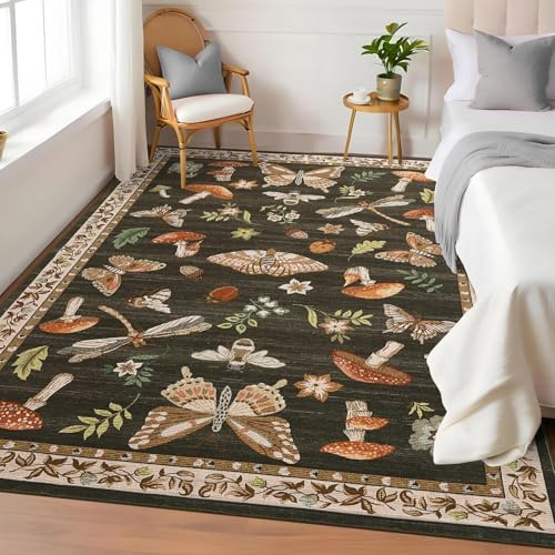 CAROMIO Washable Mushroom Butterfly Rug 120x170 cm for Bedroom Dark Brown