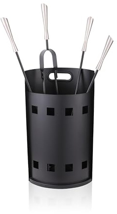 Relaxdays Juego de Utensilios para Chimenea 5 Piezas en Eimer, atizador, Pala, tenazas, Negro/Plata 63x25x15 cm
